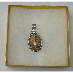Vintage Roman Signed Pendant‎ Silver Tone Brown Stone